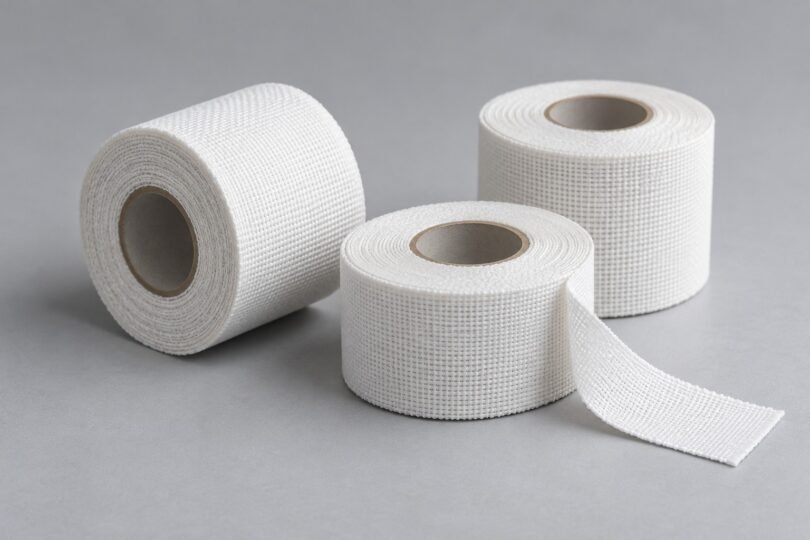 Illustration of plain white cloth tape rolls with an unrolled end on a gray surface.