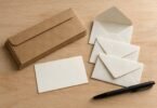 Brown kraft and cream envelopes, a blank note card and a black pen on a wooden surface.