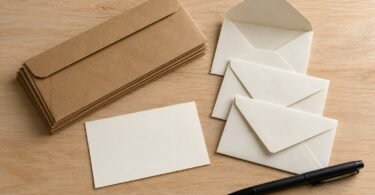 Brown kraft and cream envelopes, a blank note card and a black pen on a wooden surface.