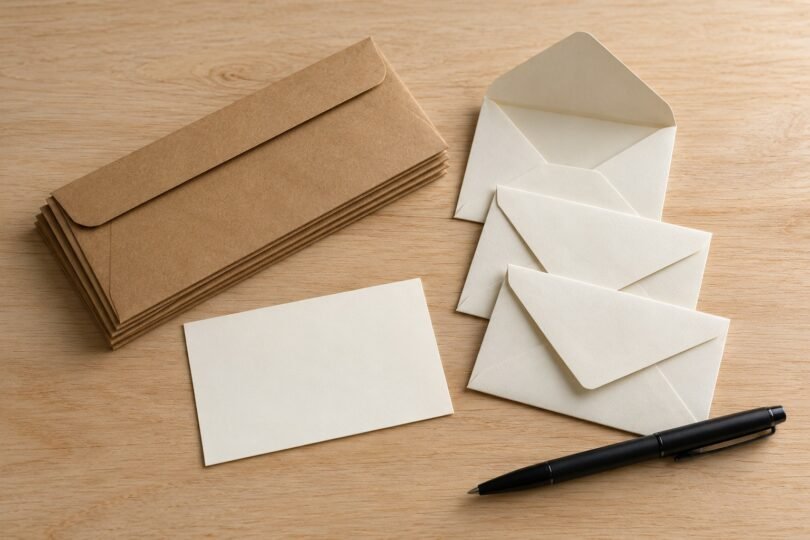 Brown kraft and cream envelopes, a blank note card and a black pen on a wooden surface.