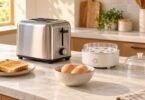 Illustration of unbranded toaster and separate egg cooker beside a bowl of eggs and a plate of toast on a kitchen counter.