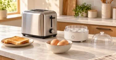 Illustration of unbranded toaster and separate egg cooker beside a bowl of eggs and a plate of toast on a kitchen counter.