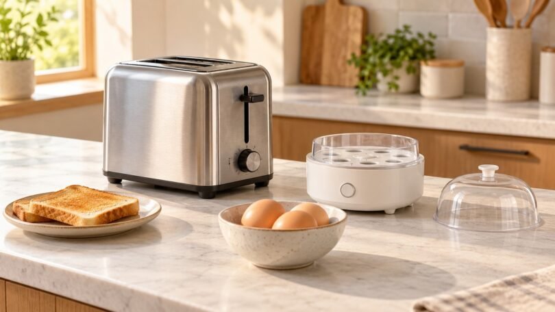 Illustration of unbranded toaster and separate egg cooker beside a bowl of eggs and a plate of toast on a kitchen counter.