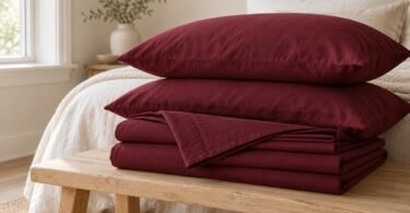 Burgundy pillows and folded sheets stacked on a pale wooden bench in a neutral bedroom.