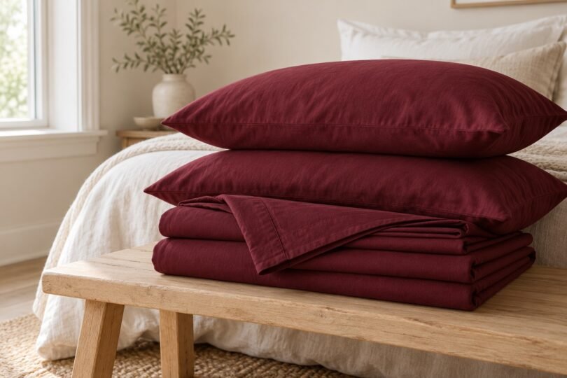 Burgundy pillows and folded sheets stacked on a pale wooden bench in a neutral bedroom.