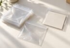 Clear square plastic bags on a light worktable, including an empty zipper bag and a flap sleeve holding a blank ivory card.
