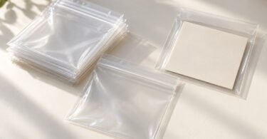 Clear square plastic bags on a light worktable, including an empty zipper bag and a flap sleeve holding a blank ivory card.