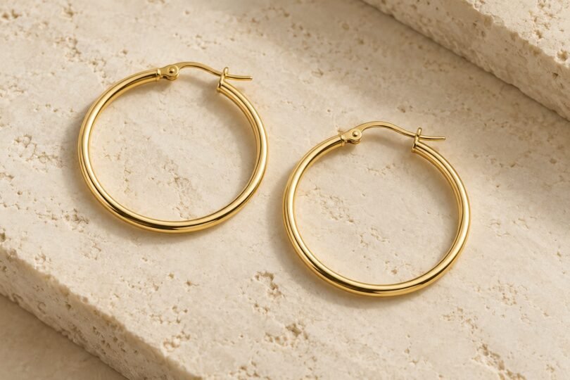 Two gold-colored hoop earrings with open hinged posts resting on a pale stone surface.