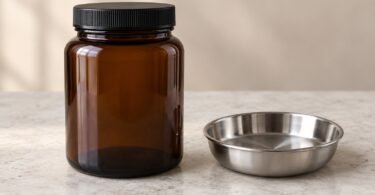 An unlabeled amber glass jar with a closed black lid beside an empty stainless steel dish on a pale stone counter.