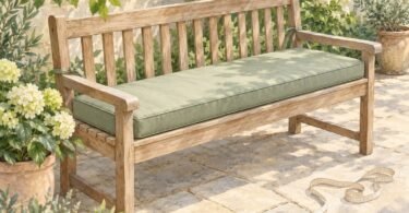 Illustration of a wooden garden bench with a sage rectangular cushion and a measuring tape on the patio.
