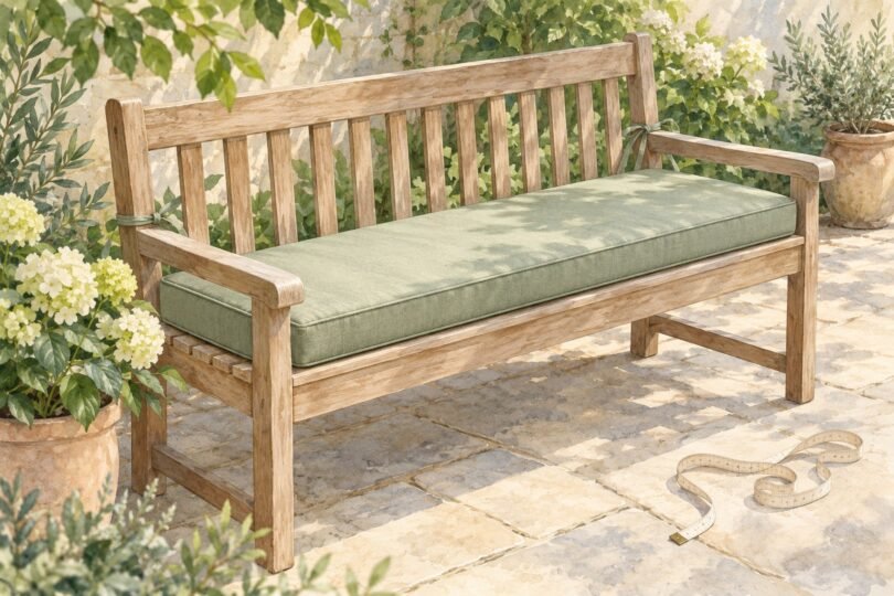 Illustration of a wooden garden bench with a sage rectangular cushion and a measuring tape on the patio.