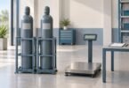 Illustration of capped gas cylinders secured in racks beside a platform scale in a clean service area.