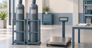 Illustration of capped gas cylinders secured in racks beside a platform scale in a clean service area.