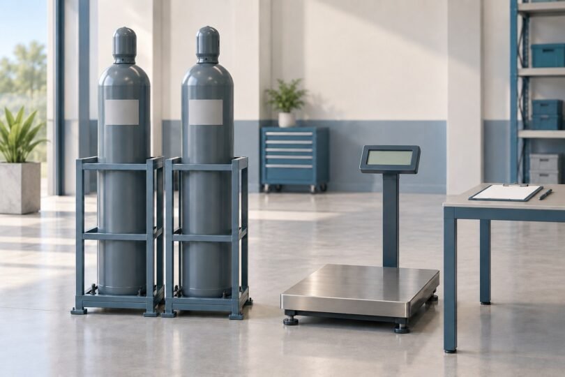 Illustration of capped gas cylinders secured in racks beside a platform scale in a clean service area.