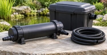 Illustrative enclosed pond UV clarifier housing, closed filter box and coiled hose on a dry stone bench.