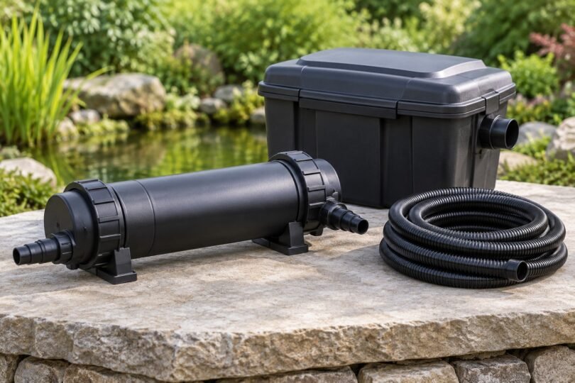 Illustrative enclosed pond UV clarifier housing, closed filter box and coiled hose on a dry stone bench.