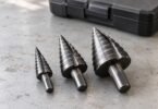 Three unbranded steel step drill bits of different sizes on a pale workbench, with a closed dark tool case behind them.