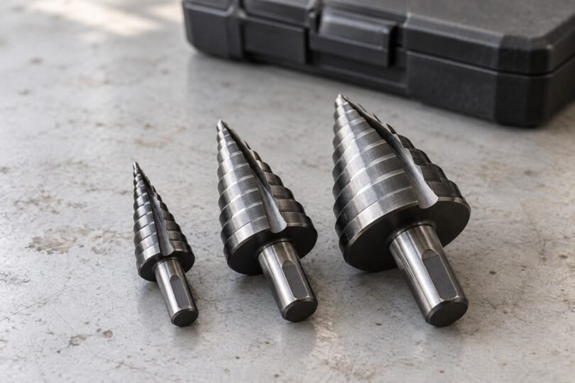 Three unbranded steel step drill bits of different sizes on a pale workbench, with a closed dark tool case behind them.