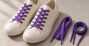 Illustration of unbranded cream sneakers with purple laces beside flat and round purple shoelaces