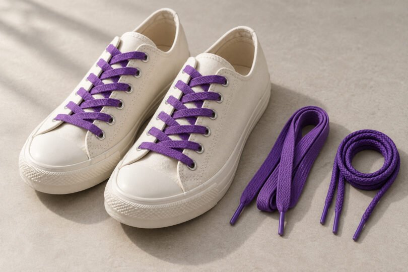 Illustration of unbranded cream sneakers with purple laces beside flat and round purple shoelaces