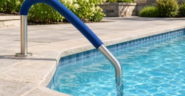 A blue fabric sleeve fitted above the waterline on a generic stainless-steel pool handrail.