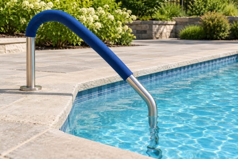 A blue fabric sleeve fitted above the waterline on a generic stainless-steel pool handrail.
