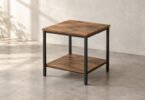 Illustrative unbranded square wood-look end table with black metal legs and a lower shelf