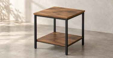 Illustrative unbranded square wood-look end table with black metal legs and a lower shelf