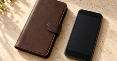 Unbranded brown closed phone folio beside a generic black handset on a stone surface