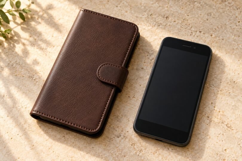 Unbranded brown closed phone folio beside a generic black handset on a stone surface