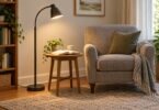A floor reading lamp lighting an open book on a wooden side table beside an empty gray armchair