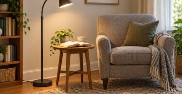 A floor reading lamp lighting an open book on a wooden side table beside an empty gray armchair