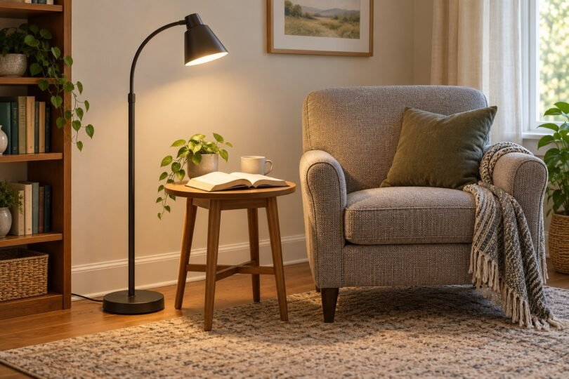 A floor reading lamp lighting an open book on a wooden side table beside an empty gray armchair