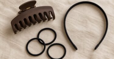 Generic brown claw clip, black headband and three black hair elastics arranged on beige linen