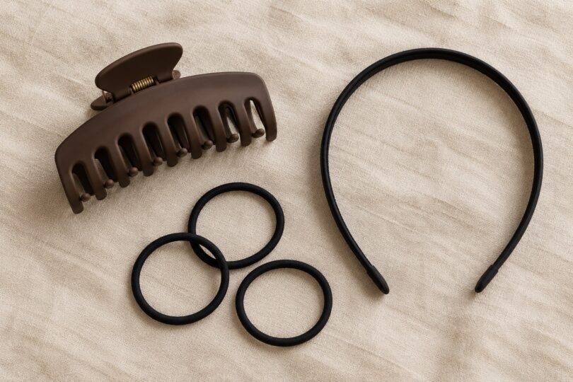 Generic brown claw clip, black headband and three black hair elastics arranged on beige linen