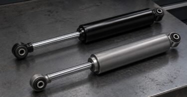 Illustration of two unbranded pickup-truck shock absorbers on a gray workbench.
