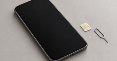 Generic unbranded smartphone with a blank screen beside a SIM card and eject tool on a desk