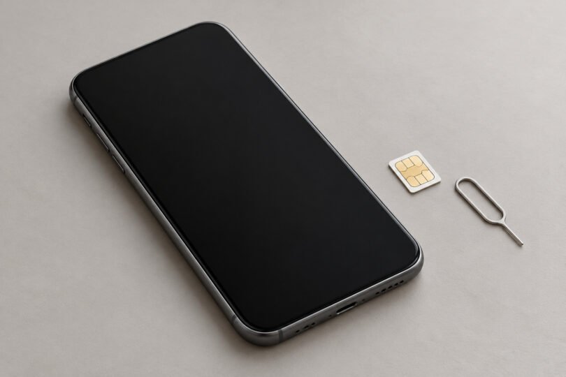 Generic unbranded smartphone with a blank screen beside a SIM card and eject tool on a desk