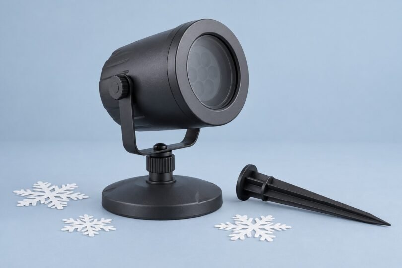 Illustration of an unbranded dark projector on a round base beside a garden stake and paper snowflakes