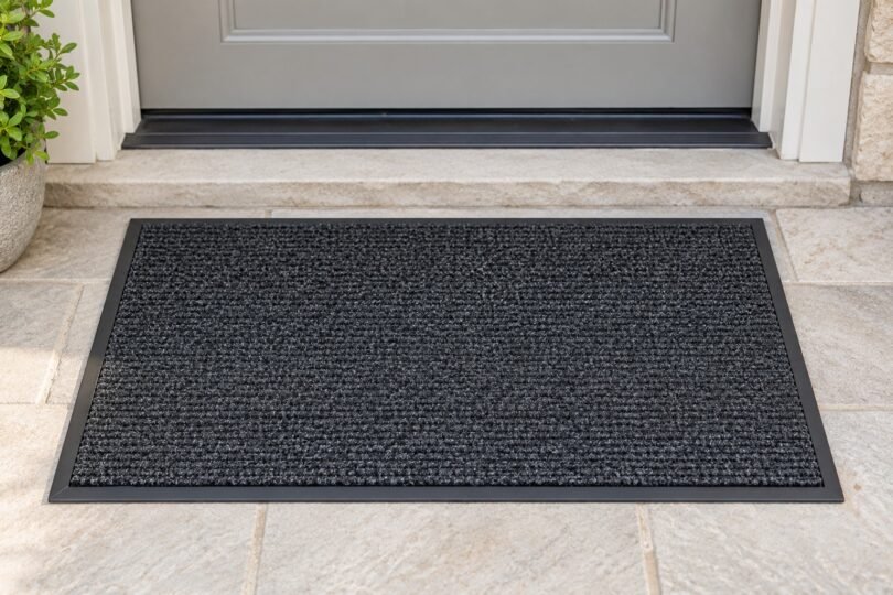 Illustration of a plain charcoal entry mat lying flat on a dry stone doorstep.