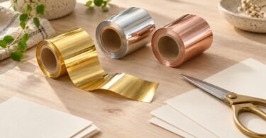Gold, silver and rose-gold craft foil rolls beside blank cream cards and scissors on a wooden desk.