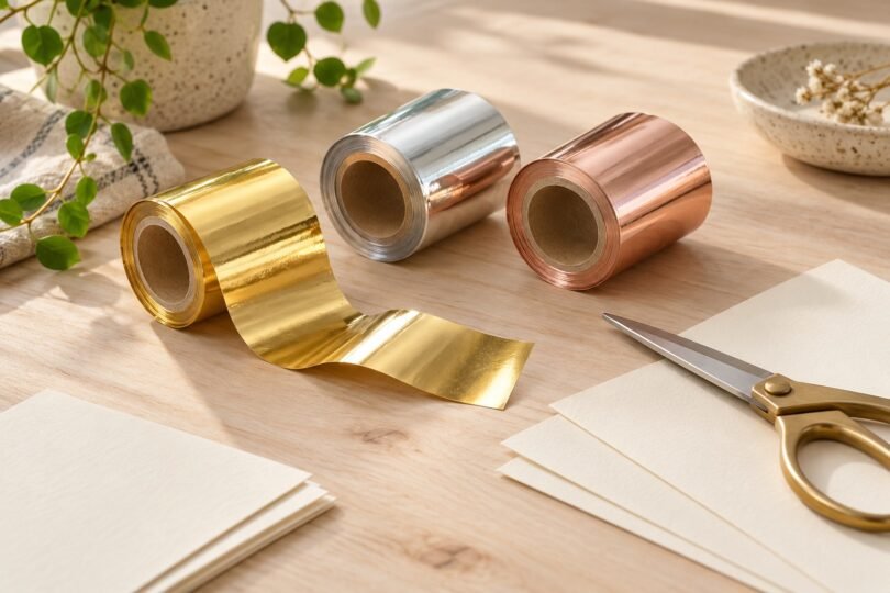 Gold, silver and rose-gold craft foil rolls beside blank cream cards and scissors on a wooden desk.