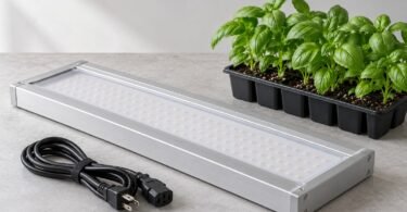 Generic unplugged LED plant-light fixture and coiled cord beside basil seedlings on a dry table