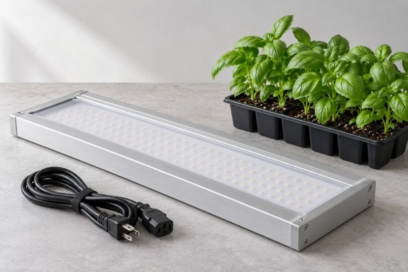 Generic unplugged LED plant-light fixture and coiled cord beside basil seedlings on a dry table