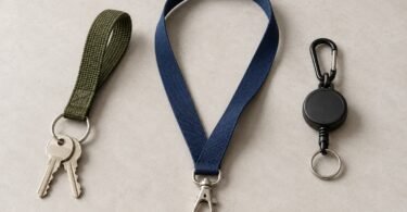 Illustration of an olive wrist key loop, navy neck lanyard and black retractable key reel arranged on a light tabletop.
