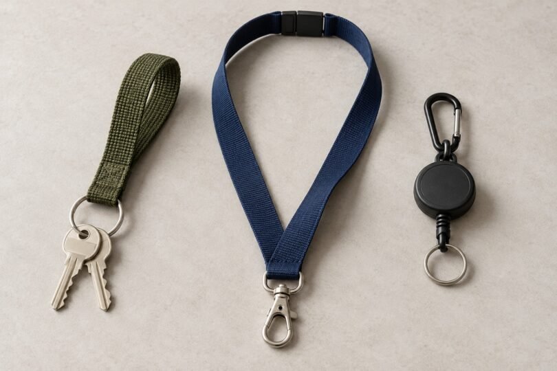 Illustration of an olive wrist key loop, navy neck lanyard and black retractable key reel arranged on a light tabletop.