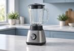 Illustration of an unbranded countertop blender with an empty glass pitcher and silver-and-black base.