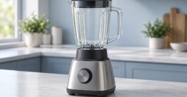 Illustration of an unbranded countertop blender with an empty glass pitcher and silver-and-black base.