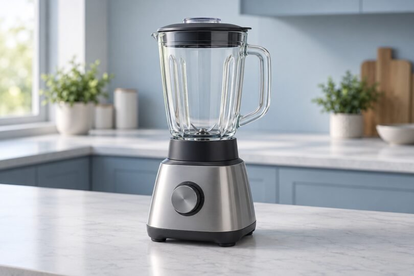 Illustration of an unbranded countertop blender with an empty glass pitcher and silver-and-black base.