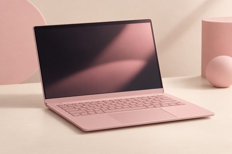 Illustration of an unbranded pink laptop with a blank screen on a pale desk